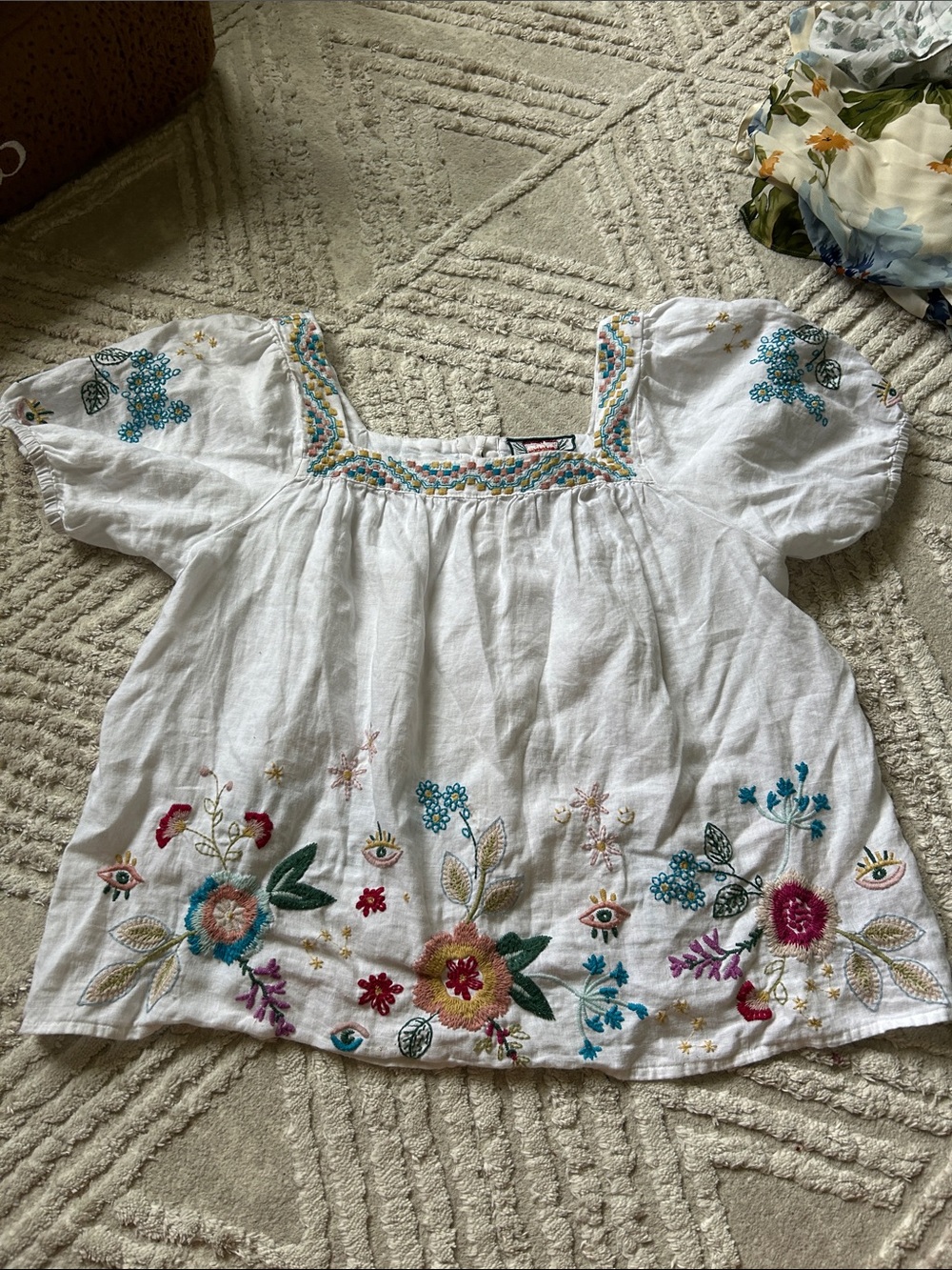 Johnny was Boho Embroidered White Peasant Top